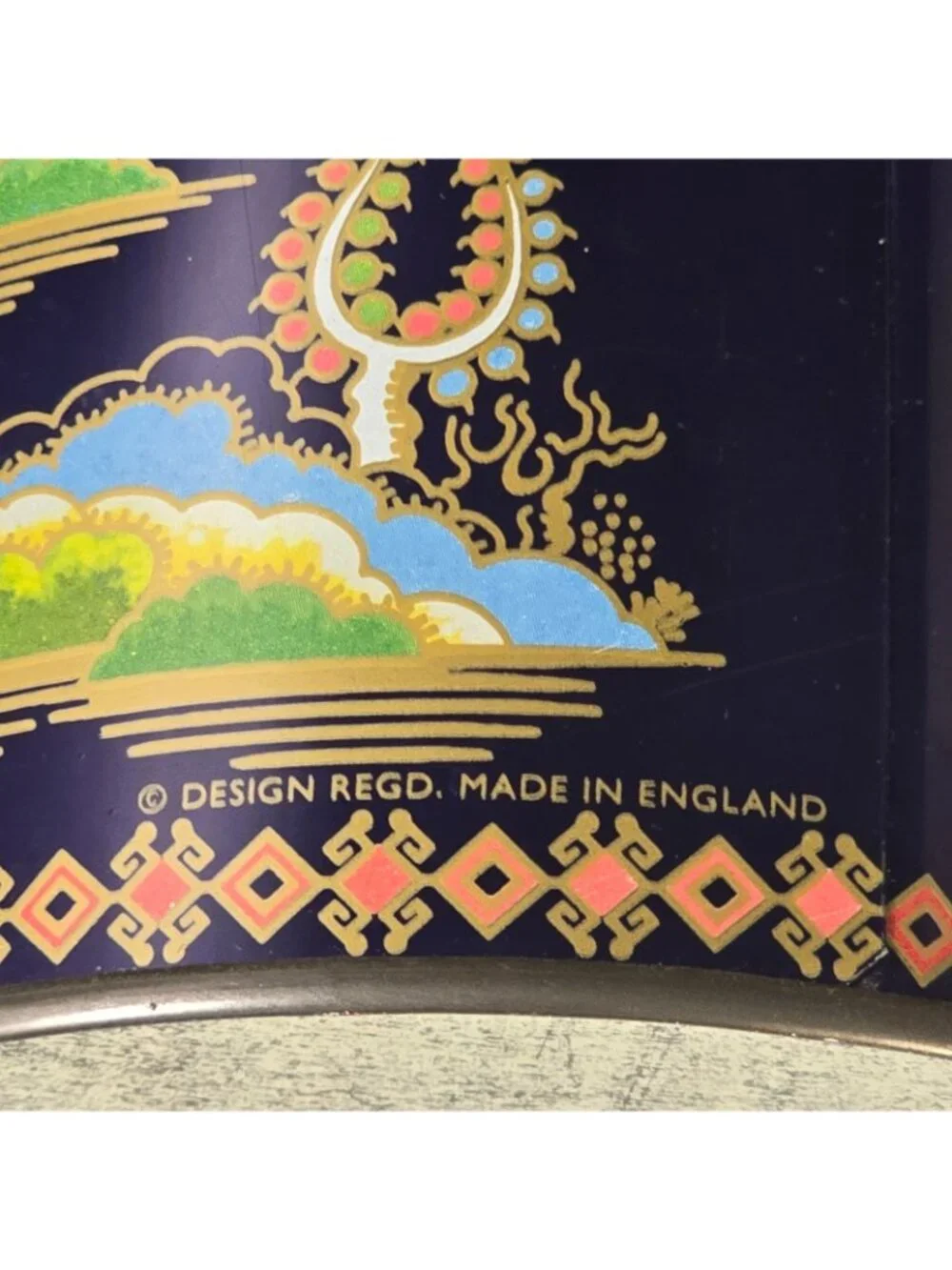 Vintage Daher Design Candy Biscuit Tin Made in England Navy Blue Asian Themed